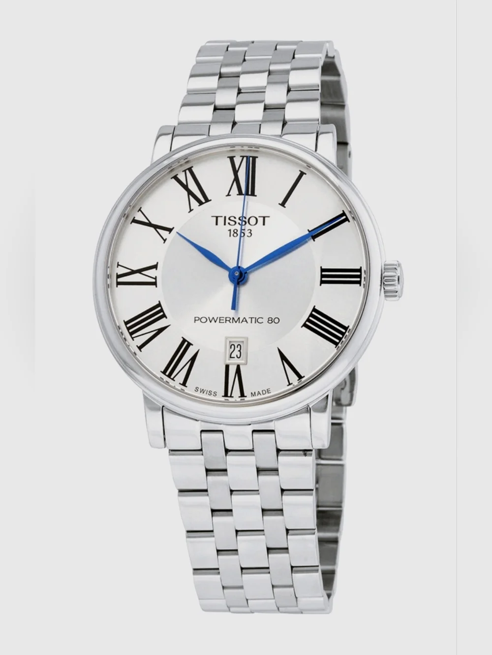 Tissot Silver Watch with Blue Hands and White Dial
